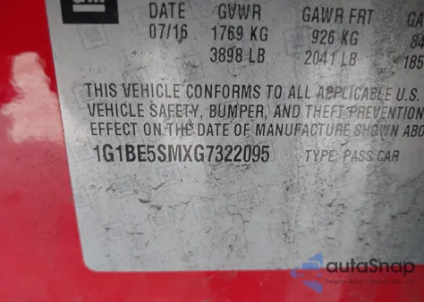 2016 Chevrolet Cruze Lt Auto из США, поврежденный, VIN 1G1BE5SMXG7322095